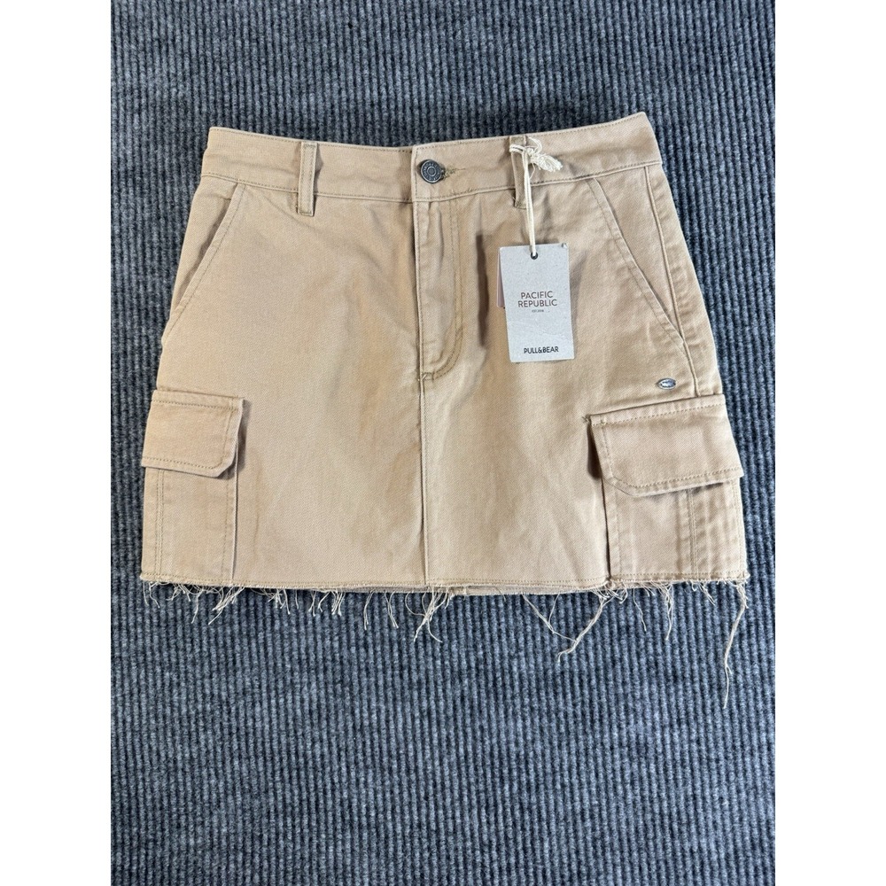Pull&Bear Beige Cotton Twill Cargo Mini Skirt Raw Hem‎ Button Pockets Size M
